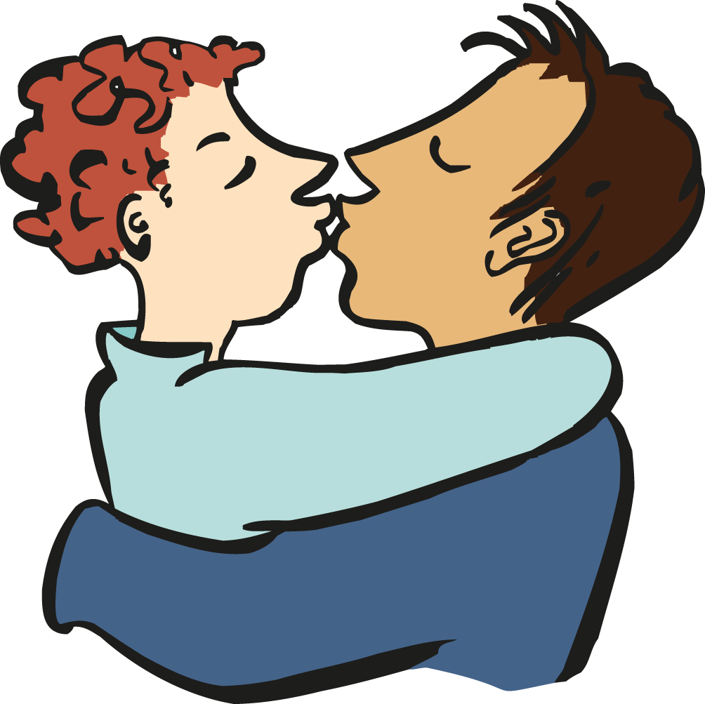 Auf dem Bild sind ein Mann und eine Frau gezeichnet, die sich umarmem und küssen.