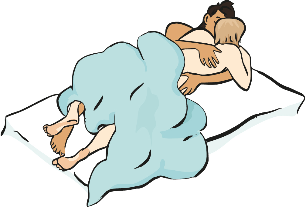 Auf dem gezeichneten Bild sieht man zwei Personen, die auf einer Matratze und und einer Decke liegen und sich aneienander kuscheln.