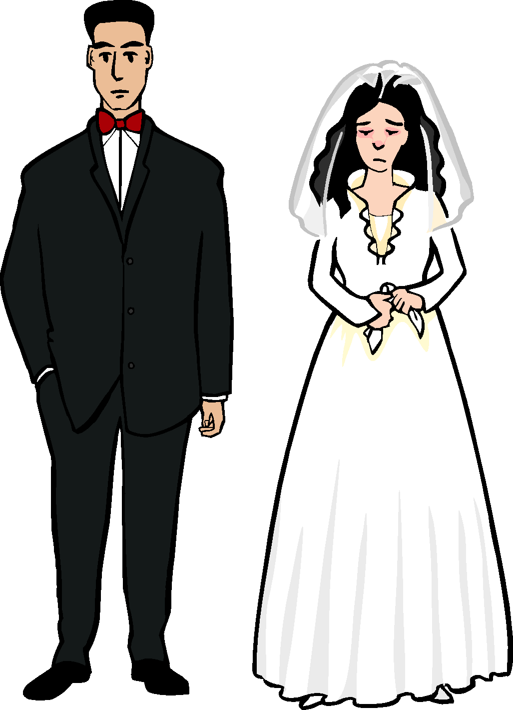 Auf dem gezeichneten Bild sind ein Mann und eine Frau zu sehen. Der Mann hat einen schwarzen Anzug an und trägt eine rote Fliege. Die Frau trägt ein Brautkleid und einen Schleier. Und sieht sehr traurig aus.