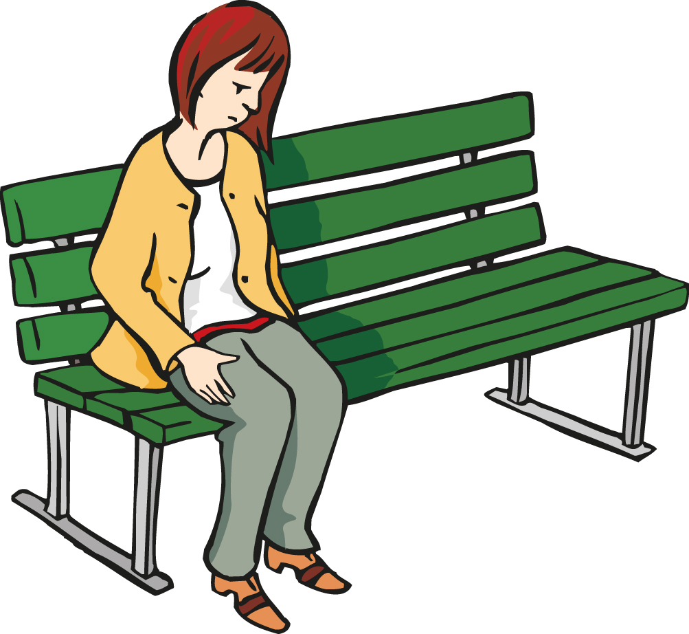 Auf dem gezeichneten Bild sitzt eine Frau auf einer grünen Bank. Ihr Kopf ist zum Biden geneigt.