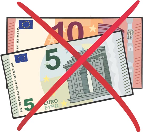 Auf dem Bild sieht man zwei Euro-Geldscheine, welche mit einem roten Kreuz durchgestrichen sind. Im Hintergrund ist ein roter 10 Euro Schein und im Vordergrund ein grüner 5 Euro Schein.
